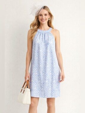 Vineyard Vines Kentucky Derby 100% Silk Blue & White Rose Print Dress Sz 12